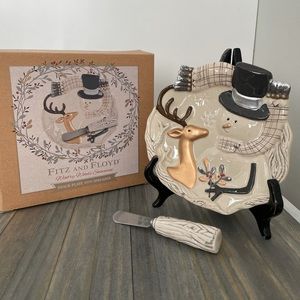 FITZ AND FLOYD Wintry Woods Snowman Snack Plate with Spreader Buck Deer
